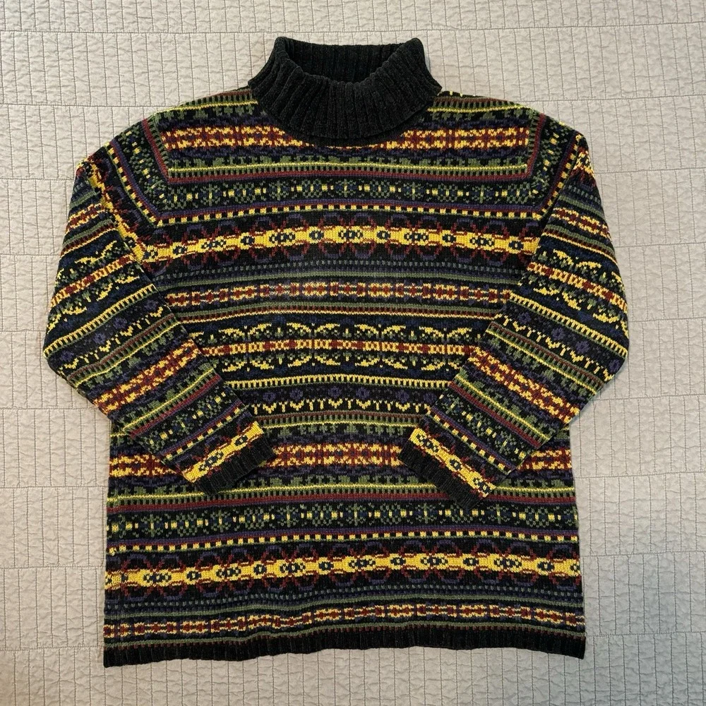 Vtg Y2K Fair Isle Turtleneck Sweater Women's Medium‎ Colorful Cozy Knit Nordic